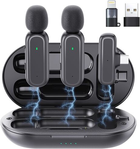 قطعتان من ميكروفون Lavalier اللاسلكي لأجهزة iPhone iPad Android PC، ميكروفون صغير مع علبة شحن 8H، ميكروفونات بمشبك USB-C لمدونات الفيديو، TikTok، YouTube، تسجيل الفيديو، تقليل الضوضاء، 65 قدم in Kuwait