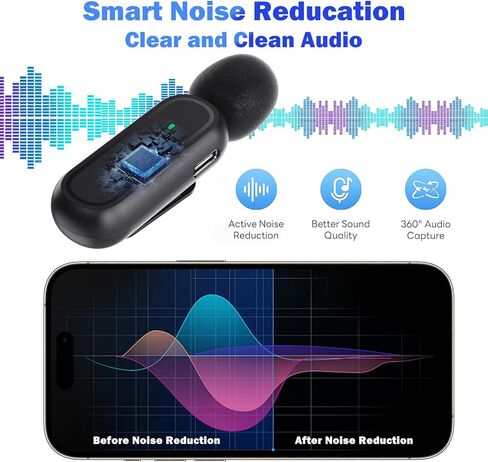 قطعتان من ميكروفون Lavalier اللاسلكي لأجهزة iPhone iPad Android PC، ميكروفون صغير مع علبة شحن 8H، ميكروفونات بمشبك USB-C لمدونات الفيديو، TikTok، YouTube، تسجيل الفيديو، تقليل الضوضاء، 65 قدم in Kuwait