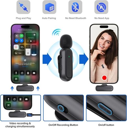 قطعتان من ميكروفون Lavalier اللاسلكي لأجهزة iPhone iPad Android PC، ميكروفون صغير مع علبة شحن 8H، ميكروفونات بمشبك USB-C لمدونات الفيديو، TikTok، YouTube، تسجيل الفيديو، تقليل الضوضاء، 65 قدم in Kuwait