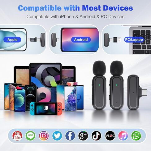 قطعتان من ميكروفون Lavalier اللاسلكي لأجهزة iPhone iPad Android PC، ميكروفون صغير مع علبة شحن 8H، ميكروفونات بمشبك USB-C لمدونات الفيديو، TikTok، YouTube، تسجيل الفيديو، تقليل الضوضاء، 65 قدم in Kuwait