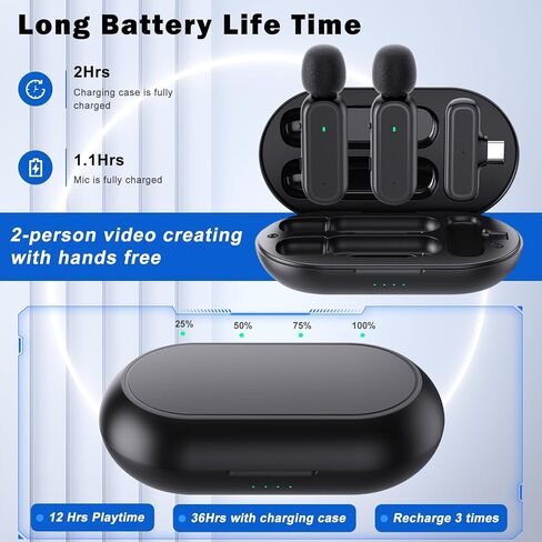 قطعتان من ميكروفون Lavalier اللاسلكي لأجهزة iPhone iPad Android PC، ميكروفون صغير مع علبة شحن 8H، ميكروفونات بمشبك USB-C لمدونات الفيديو، TikTok، YouTube، تسجيل الفيديو، تقليل الضوضاء، 65 قدم in Kuwait