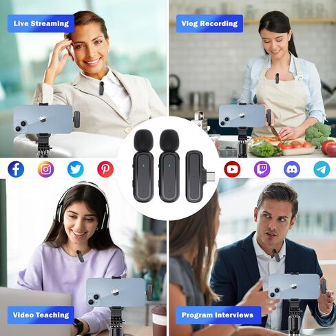 قطعتان من ميكروفون Lavalier اللاسلكي لأجهزة iPhone iPad Android PC، ميكروفون صغير مع علبة شحن 8H، ميكروفونات بمشبك USB-C لمدونات الفيديو، TikTok، YouTube، تسجيل الفيديو، تقليل الضوضاء، 65 قدم in Kuwait