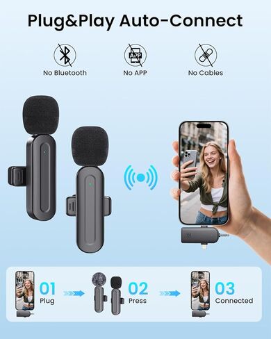 3 In 1 Mini Wireless Lavalier Microphone for Iphone: Bluetooth Lapel Mic For iPad Android Phone Camera Pc - Small Clip Microphones Crystal Clear Sound Quality for Recording Vlogging Live Streaming in Saudi Arabia