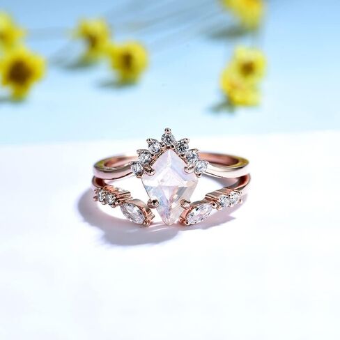 ITI KUOLOLIT Natural Moonstone Gemstone Genuine 925 Sterling Silver Ring Set for Women Kite Cut Women's Ring for Engagement Bride Romantic Trendy Gift in Kuwait