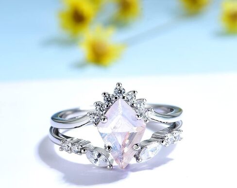 ITI KUOLOLIT Natural Moonstone Gemstone Genuine 925 Sterling Silver Ring Set for Women Kite Cut Women's Ring for Engagement Bride Romantic Trendy Gift in Kuwait
