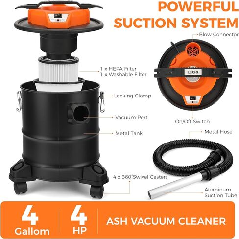 مكنسة ليغو الرماد، مكنسة كهربائية لموقد الحبيبات مع وظيفة منفاخ، 3.3 جالون 1000 وات، فلتر قابل للغسل وفلتر هيبا، مع 3 عجلات دوارة، مجمع غبار الرماد لمواقد الحبيبات والمواقد in Kuwait