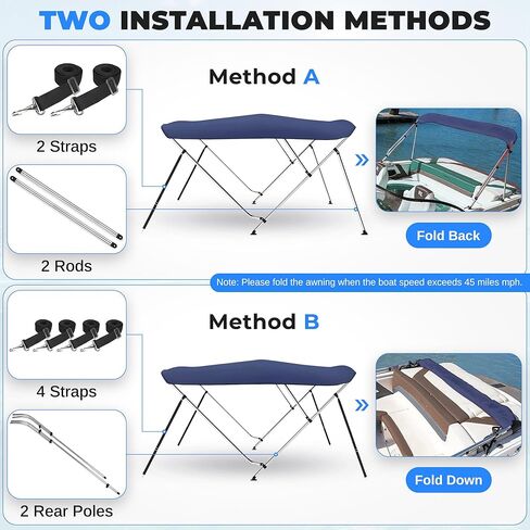 غطاء قارب علوي من SereneLife 4 Bow Blue Bimini، مع إطار من الألومنيوم من القماش، ومظلة مقاومة للماء للحماية من الأشعة فوق البنفسجية من المستوى 4، مع أشرطة أمامية وأذرع دعم خلفية، تناسب القوارب بطول 8 بوصات × 79-84 بوصة عرضًا × 54 بوصة ارتفاعًا، سهلة الترك in Saudi Arabia