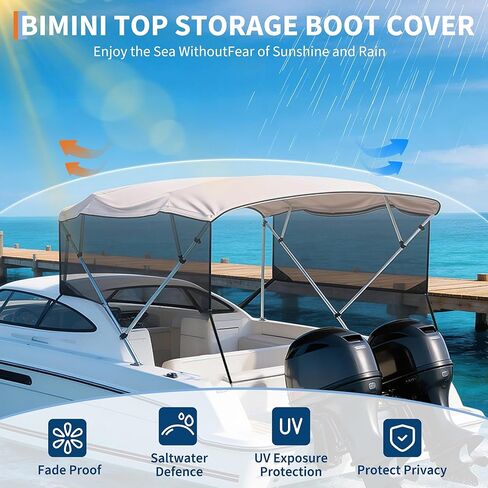 GarveeLife Universal 4 Bow Boat Bimini Top Replacement Canvas & Detachable Side Curtain with Storage Boot, 600D Marine Grade Sun Shade Boat Canopy Cover, No Frame, 8'L*97"-103" W, Grey in Saudi Arabia