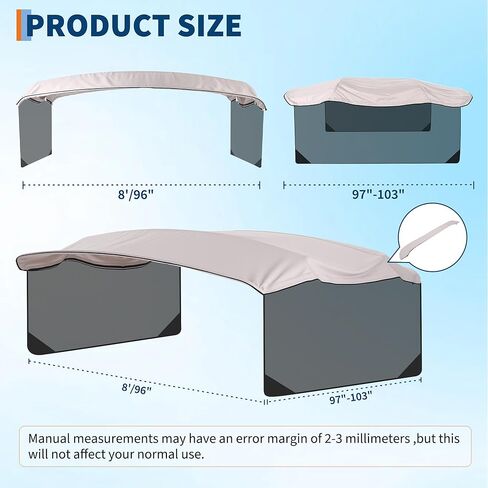 GarveeLife Universal 4 Bow Boat Bimini Top Replacement Canvas & Detachable Side Curtain with Storage Boot, 600D Marine Grade Sun Shade Boat Canopy Cover, No Frame, 8'L*97"-103" W, Grey in Saudi Arabia