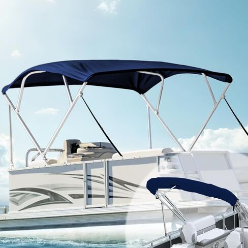 Bimini Top Cover 600D UV-Resistant Canvas, Tear & Fade Proof, Waterproof 4 Bow Boat Shade with Zippered Pockets, Pontoon Bimini Top with Frame Rustproof Square Poles, Navy 4 Bow 8'L 54" H 91"-96" W in Kuwait