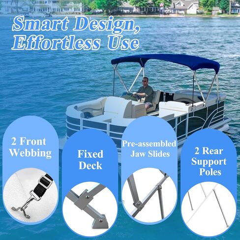 Bimini Top Cover 600D UV-Resistant Canvas, Tear & Fade Proof, Waterproof 4 Bow Boat Shade with Zippered Pockets, Pontoon Bimini Top with Frame Rustproof Square Poles, Navy 4 Bow 8'L 54" H 91"-96" W in Kuwait