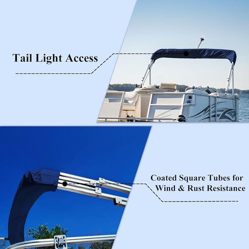 Bimini Top Cover 600D UV-Resistant Canvas, Tear & Fade Proof, Waterproof 4 Bow Boat Shade with Zippered Pockets, Pontoon Bimini Top with Frame Rustproof Square Poles, Navy 4 Bow 8'L 54" H 91"-96" W in Kuwait
