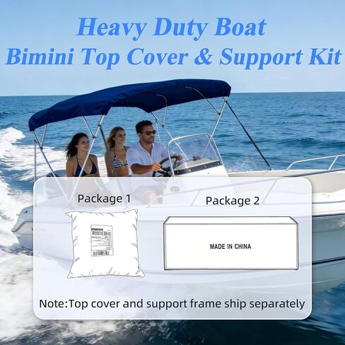 Bimini Top Cover 600D UV-Resistant Canvas, Tear & Fade Proof, Waterproof 4 Bow Boat Shade with Zippered Pockets, Pontoon Bimini Top with Frame Rustproof Square Poles, Navy 4 Bow 8'L 54" H 91"-96" W in Kuwait