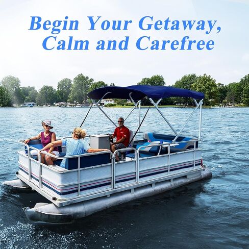 Bimini Top Cover 600D UV-Resistant Canvas, Tear & Fade Proof, Waterproof 4 Bow Boat Shade with Zippered Pockets, Pontoon Bimini Top with Frame Rustproof Square Poles, Navy 4 Bow 8'L 54" H 91"-96" W in Kuwait