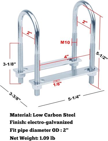 GBGS 2 Pcs Double U Bolt Clamp M10 x 2" x 5-1/2",Round Bend U Bolts Bracket Fits O.D. 2" Tube in Saudi Arabia