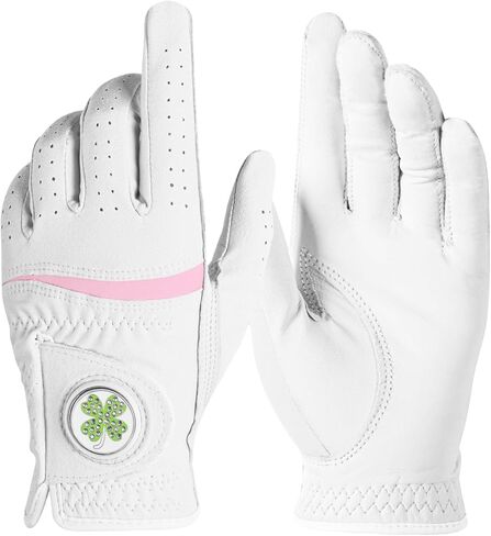 Womens Golf Glove with Clover Ball Marker 1 Pack, All Weather Grip Microfiber & Leather Gloves for Ladies, Comfortable Breathable Fit for Left Hand or Right Hand in White Pink in Kuwait