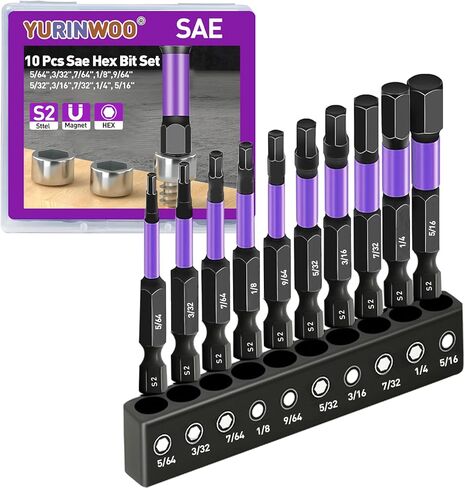 مجموعة لقم مثقاب YURINWOO 20 قطعة برأس سداسي (متري وSAE)، مجموعة لقم فولاذية S2 بطول 100 مم، أطراف آلية CNC مع مغناطيسية، لقمة مفك براغي سداسية داخلية 1/4 بوصة مع صندوق تخزين in Kuwait