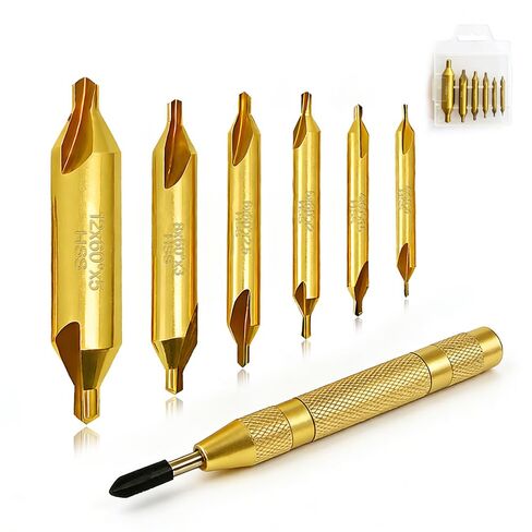 6 Pcs Center Drill Bits Set with 1Pcs Automatic Center Punch,TiAlN Coated Cobalt M2 HSS 60° Lathe Center Drill Bits 1.0 1.5 2.0 2.5 3.0 5.0mm with Case,Countersink Tools for Metalworking in Kuwait