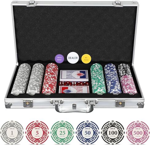SHANTRA 500 PCS Poker Chips Poker Sets with Aluminum Case, Texas Hold’Em Poker Set with 11.5 Gram Numbered Chips, Casino Chip Sets with 2 Decks of Plastic Playing Cards for Blackjack Gambling Games in Kuwait
