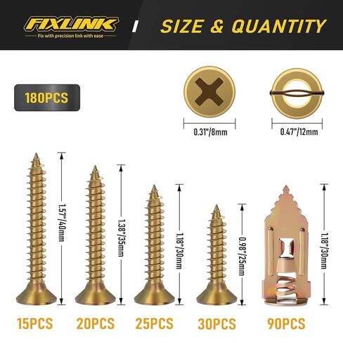 مجموعة أدوات تثبيت الحوائط الجافة ذاتية الحفر، FIXLINK 180 قطعة بمقاس واحد من مرساة الألواح الصخرية و4 براغي بأحجام، فولاذ مطلي بالزنك، بدون حفر أو ثقوب في الحائط، للتلفزيون، التعليق على الحائط، الخزانات in Kuwait