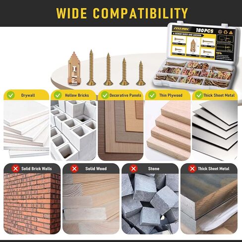 مجموعة أدوات تثبيت الحوائط الجافة ذاتية الحفر، FIXLINK 180 قطعة بمقاس واحد من مرساة الألواح الصخرية و4 براغي بأحجام، فولاذ مطلي بالزنك، بدون حفر أو ثقوب في الحائط، للتلفزيون، التعليق على الحائط، الخزانات in Kuwait