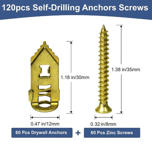 120PCS Self Drilling Drywall Anchors with Screws Kit, Zinc Plated Steel Drywall Grip Anchors, No Pre Drill or Holes in Wall, Zinc Expansion Screws for Shelves, Mirrors, Curtain Rods, Picture Frames in Saudi Arabia