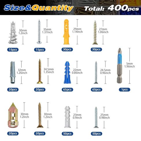 400Pcs Drywall Anchors and Screws Kit, 6 Sizes Assorted Wall Anchor Set with Matching Screws and Drive Bit, Mounting Hardwares for Drywall, Solid Wall - Ideal for Hanging Pictures, Shelves in Saudi Arabia