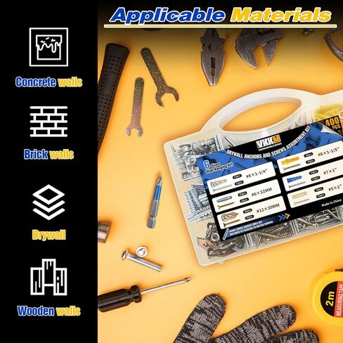 400Pcs Drywall Anchors and Screws Kit, 6 Sizes Assorted Wall Anchor Set with Matching Screws and Drive Bit, Mounting Hardwares for Drywall, Solid Wall - Ideal for Hanging Pictures, Shelves in Saudi Arabia