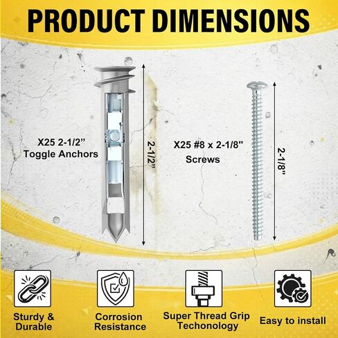 Frienda Self-Drilling Toggle Drywall Anchors and Screws Kit 25 Pack Heavy Duty Metal Anchors with #8 x 2-1/8 Inch Zinc Screws, Holds up to 100 Lbs, Drywall Toggle Bolts for Hollow Walls, Hanging in Saudi Arabia