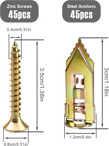 90PCS Self Drilling Drywall Anchors with Screws Kit, Zinc Plated Steel Wall Anchors and Self Tapping Screws Heavy Duty, No Drill Or Holes in Wall in Saudi Arabia