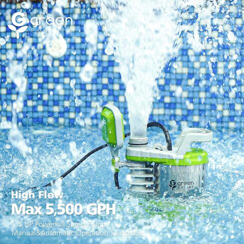 Green Expert Submersible Sump Pump, 1.5HP 5500GPH Effluent/Sewage Pump for Dirty Water, Auto/Manual Tethered Float, Adjustable Intake Base, 25ft Cord, Solids up to 0.8in, Basement Pit Drainage in Kuwait