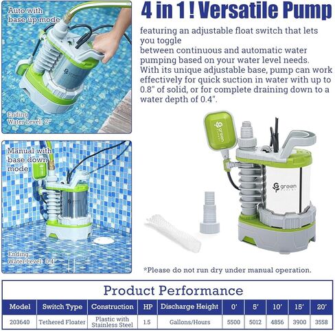 Green Expert Submersible Sump Pump, 1.5HP 5500GPH Effluent/Sewage Pump for Dirty Water, Auto/Manual Tethered Float, Adjustable Intake Base, 25ft Cord, Solids up to 0.8in, Basement Pit Drainage in Kuwait