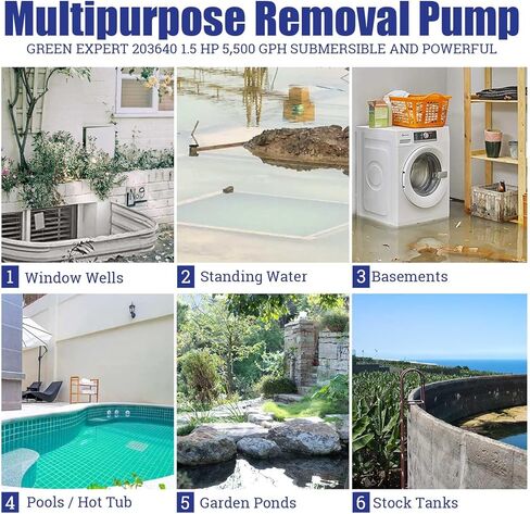 Green Expert Submersible Sump Pump, 1.5HP 5500GPH Effluent/Sewage Pump for Dirty Water, Auto/Manual Tethered Float, Adjustable Intake Base, 25ft Cord, Solids up to 0.8in, Basement Pit Drainage in Kuwait