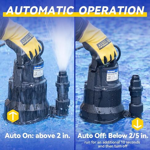 مضخة مستنقع أوتوماتيكية من Acquaer، مضخة مياه غاطسة مع محول صمام فحص خرطوم الحديقة 3/4 بوصة، مضخة نقل المرافق البلاستيكية الحرارية لتصريف حوض السباحة في الطابق السفلي المغمورة، سلك 1/2 HP 2450GPH بطول 19 قدم in Kuwait
