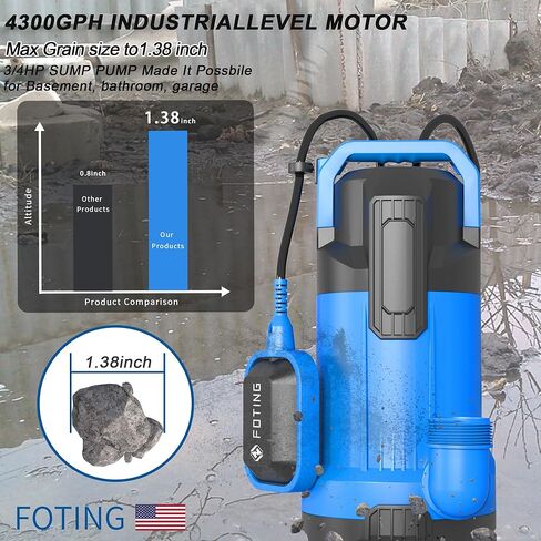 مضخة مستنقع FOTING 3/4HP، مضخة مياه غاطسة عالية التدفق نظيفة وقذرة 4300GPH مع مفتاح تعويم، مضخة فائدة كهربائية محمولة بالحرارة لتصريف حوض السباحة وحوض الاستحمام الساخن والحديقة في الطابق السفلي in Kuwait