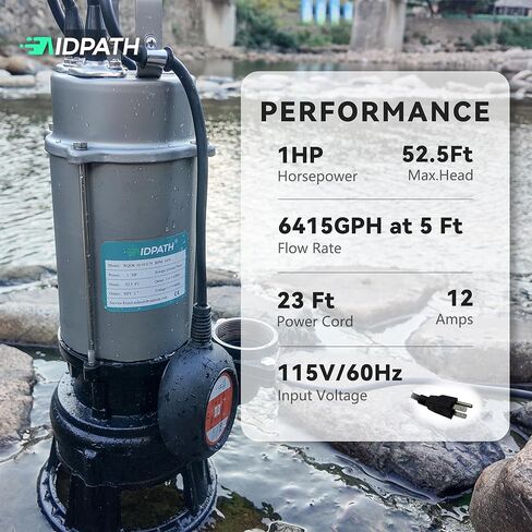 1 HP Sewage Grinder Pump, Submersible Effluent Pump with Float Switch, 115V, 2" NPT for Basement Sump Basin, Sewage Well, Septic Tank ＆ Trash, 52.5 Ft Max Head for Greater Distances & Heights in Saudi Arabia