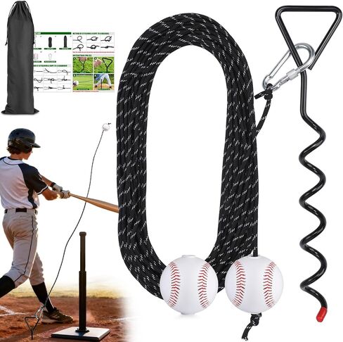 TOBWOLF Baseball & Softball Swing Trainer, Replaceable Practice Baseball on Rope with Heavy-Duty Ground Stake, Solo Swing Practice in Backyard & Get 50ft of Flight Feedback, Ideal for Baseball Players in Kuwait