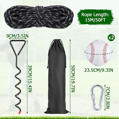 TOBWOLF Baseball & Softball Swing Trainer, Replaceable Practice Baseball on Rope with Heavy-Duty Ground Stake, Solo Swing Practice in Backyard & Get 50ft of Flight Feedback, Ideal for Baseball Players in Kuwait