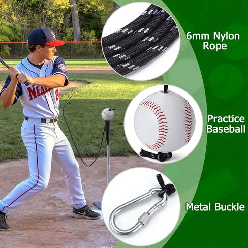 TOBWOLF Baseball & Softball Swing Trainer, Replaceable Practice Baseball on Rope with Heavy-Duty Ground Stake, Solo Swing Practice in Backyard & Get 50ft of Flight Feedback, Ideal for Baseball Players in Kuwait