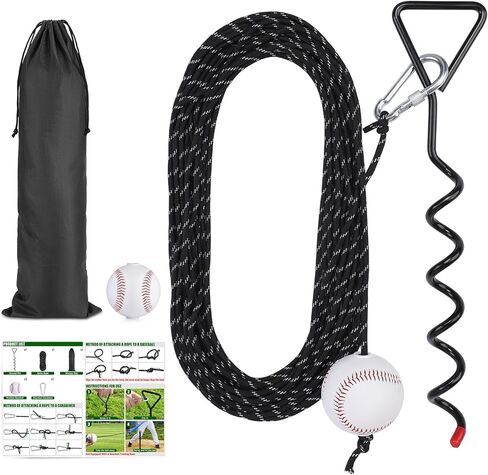 TOBWOLF Baseball & Softball Swing Trainer, Replaceable Practice Baseball on Rope with Heavy-Duty Ground Stake, Solo Swing Practice in Backyard & Get 50ft of Flight Feedback, Ideal for Baseball Players in Kuwait