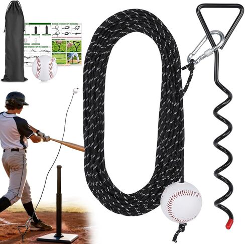 TOBWOLF Baseball & Softball Swing Trainer, Replaceable Practice Baseball on Rope with Heavy-Duty Ground Stake, Solo Swing Practice in Backyard & Get 50ft of Flight Feedback, Ideal for Baseball Players in Kuwait
