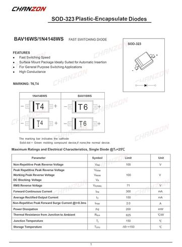 (Pack of 100 Pieces) Chanzon 1N4148WS SMD Small Signal Fast Switching Diodes High-Speed 150mA 75V SOD-323 (SC-76) IN4148WS 150 mA 75 Volt (Marking T4) in Saudi Arabia
