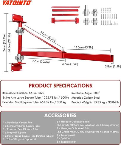 Wall Mount Jib Crane,1320 Lbs Max Load Capacity,Hoist Swing Arm with 180° Swivel Adjustable Pole,Heavy Duty Electric Hoist Support Arm for Hoist, Scaffolding Lift, Workshop, Garage, Warehouses in Saudi Arabia