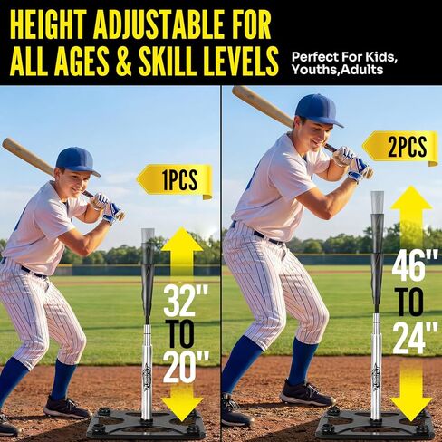 تي شيرت بخمسة مواضع، ارتفاع قابل للتعديل 20-46 بوصة، تي شيرت لضرب البيسبول والكرة اللينة مع سطح مطاطي ملفوف يدويًا، ألومنيوم 3 أنابيب، قاعدة معدنية للبيسبول والتمارين الخارجية in Kuwait