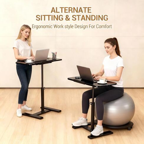 GarveeHome Overbed Bedside Table Adjustable with Wheels, Mobile Standing Stand Up Rolling Laptop PC Desks with Tilting Top Height Tray Side Computer Workstation for Bedroom on Hospital Home Use Black in Saudi Arabia