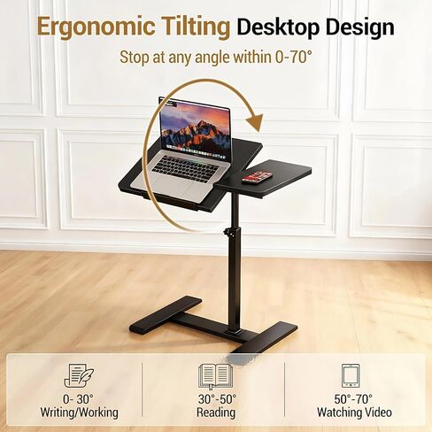 GarveeHome Overbed Bedside Table Adjustable with Wheels, Mobile Standing Stand Up Rolling Laptop PC Desks with Tilting Top Height Tray Side Computer Workstation for Bedroom on Hospital Home Use Black in Saudi Arabia
