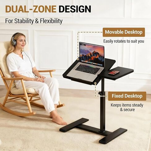 GarveeHome Overbed Bedside Table Adjustable with Wheels, Mobile Standing Stand Up Rolling Laptop PC Desks with Tilting Top Height Tray Side Computer Workstation for Bedroom on Hospital Home Use Black in Saudi Arabia