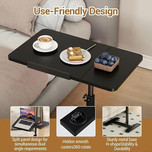 GarveeHome Overbed Bedside Table Adjustable with Wheels, Mobile Standing Stand Up Rolling Laptop PC Desks with Tilting Top Height Tray Side Computer Workstation for Bedroom on Hospital Home Use Black in Saudi Arabia