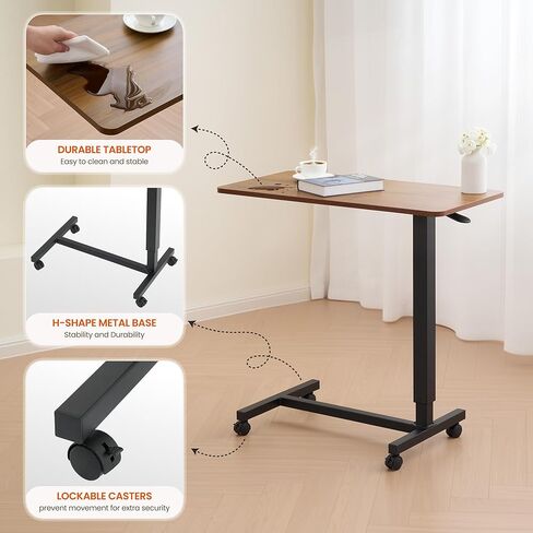 طاولة سرير جانبية من Careboda ذات ارتفاع هوائي قابل للتعديل مع عجلات - طاولة جانبية لسرير دوار للمنزل والمكتب والمستشفى - بني in Kuwait