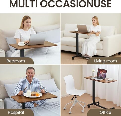 طاولة سرير جانبية من Careboda ذات ارتفاع هوائي قابل للتعديل مع عجلات - طاولة جانبية لسرير دوار للمنزل والمكتب والمستشفى - بني in Kuwait